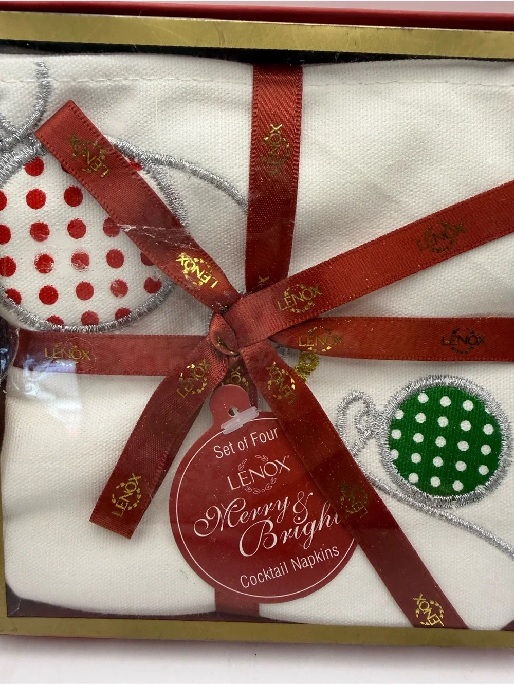 Lenox Merry & Bright White Cocktail Napkins - Red & Green Polka Dot 2 Sets of 4